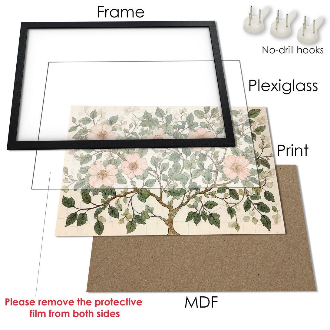 Framed Poster featuring a botanical illustration with soft pink and green hues. Perfect wall art for a touch of nature.