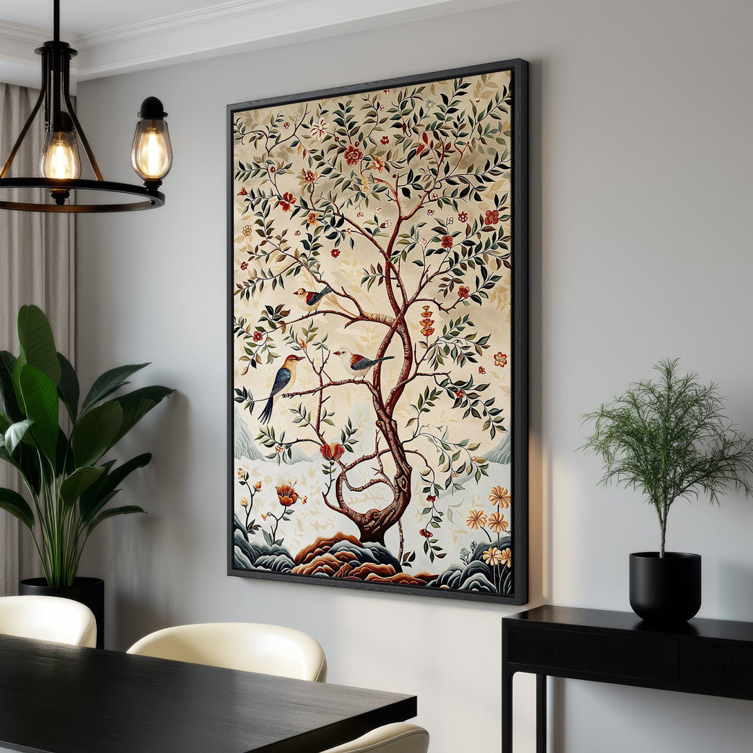 Framed Wall Art featuring a vintage tree and birds design. Earthy tones and a neutral palette create a calming aesthetic. Perfect for adding elegance to any space.