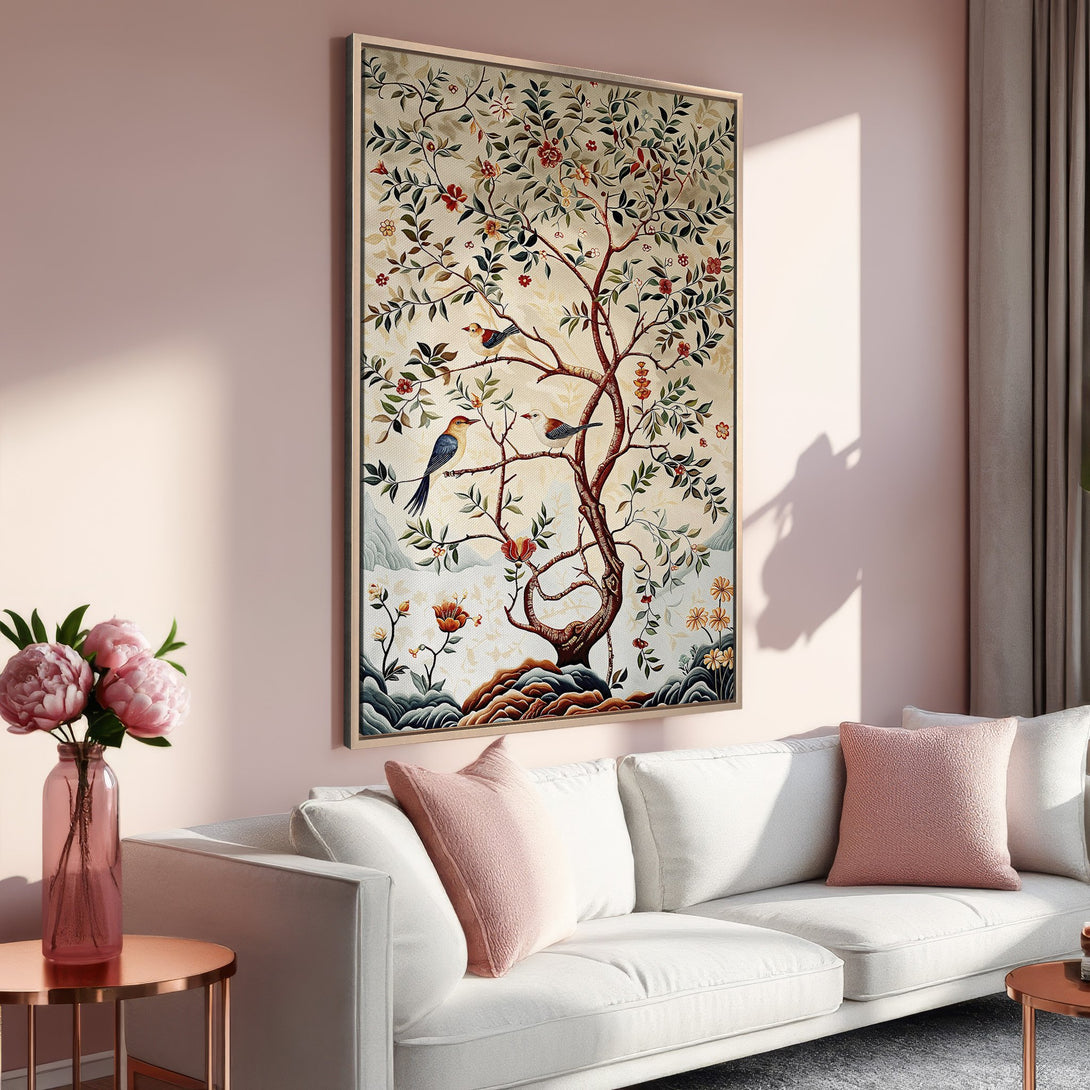Framed Wall Art: Vintage-style tree and birds print in a warm, neutral color palette. Perfect for adding a touch of elegance to your living room.