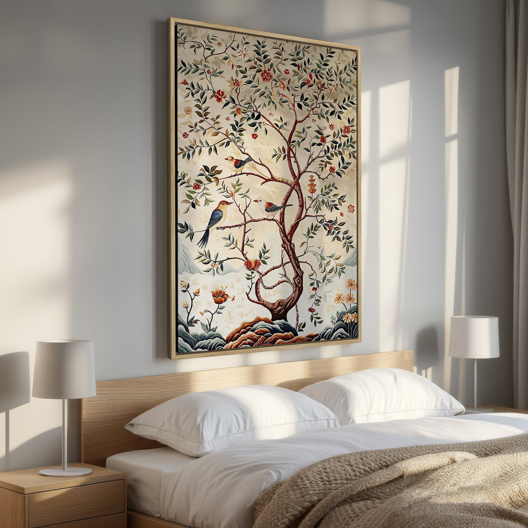 Framed Wall Art: Botanical tree art print with birds, in warm beige, red, and green tones. Perfect for bedroom decor. Add a touch of nature to your space!