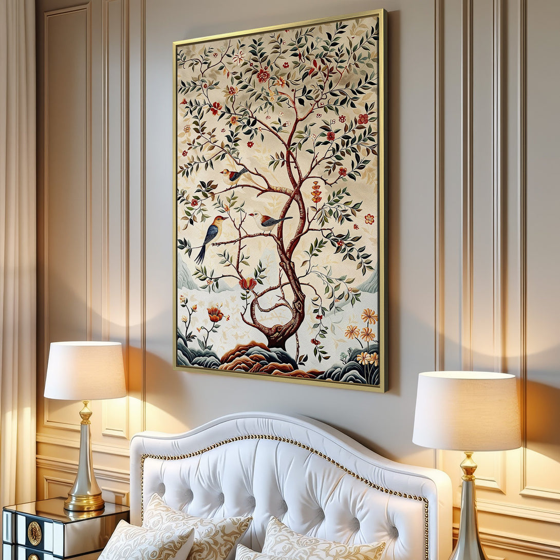 Canvas Print of an elegant tree with birds, botanical style, soft beige, brown, and green color palette, perfect for living room decor.