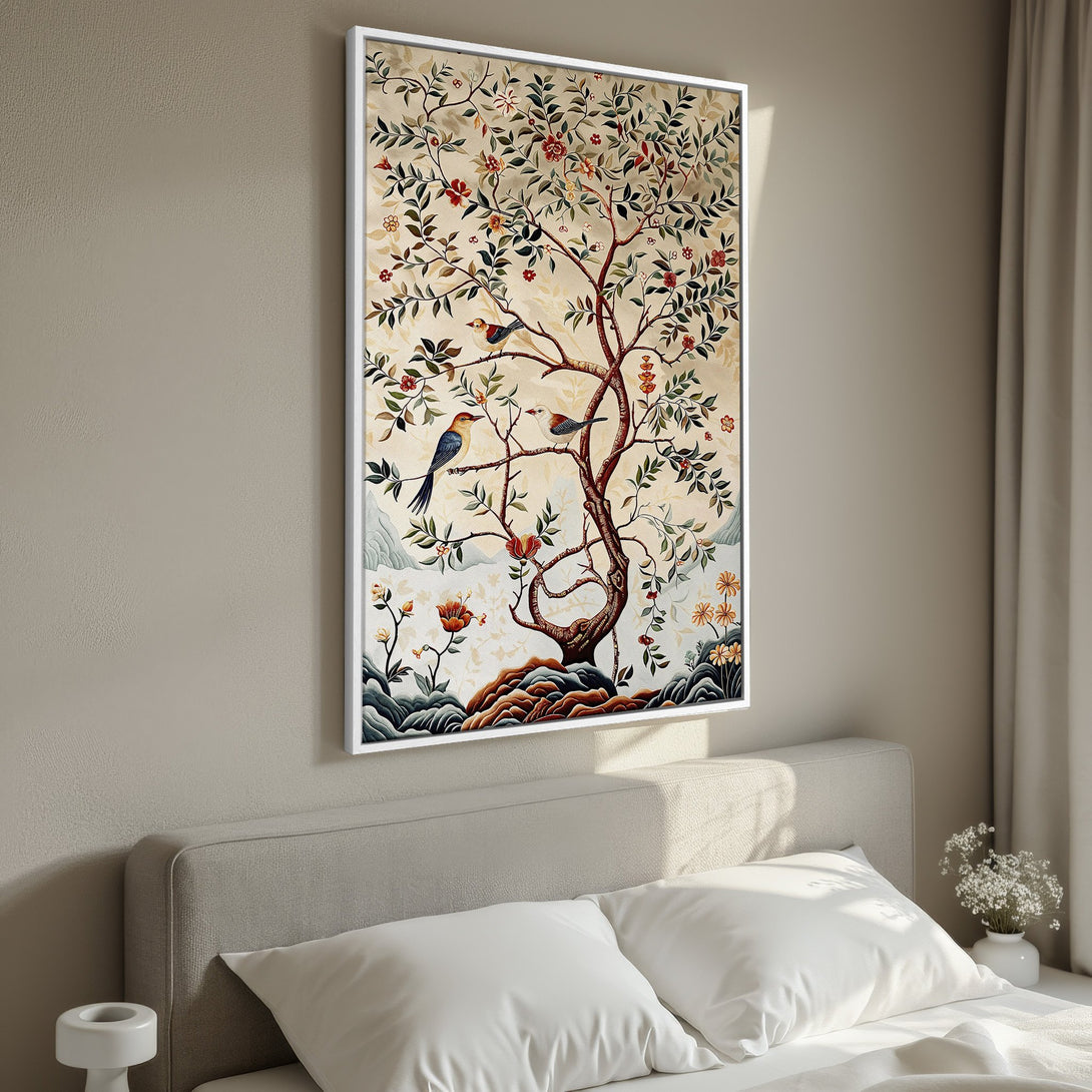 Framed Wall Art featuring a tree with birds in a vintage style. Earthy tones of brown, green, and red create a calming aesthetic. Perfect for bedroom decor.