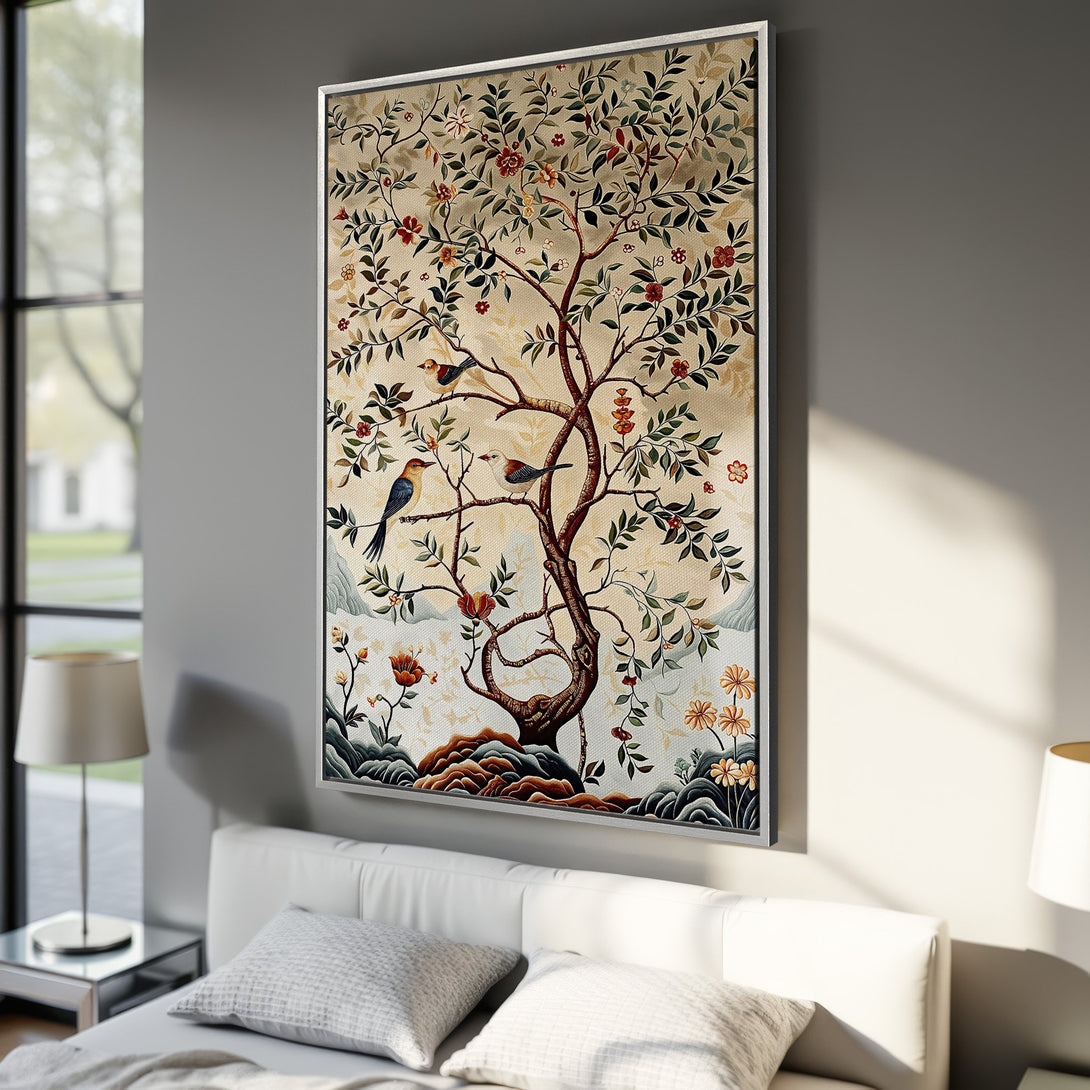 Framed Wall Art featuring a detailed tree with birds, in a vintage style. Earthy tones with pops of red and green create a warm, inviting aesthetic.