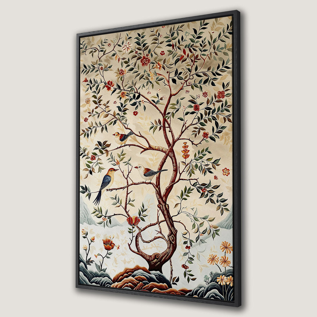 Framed Wall Art featuring a stylized tree with birds, in a vintage botanical style. Earthy tones of brown, green, and red create a warm, inviting palette.