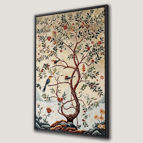 Framed Wall Art featuring a stylized tree with birds, in a vintage botanical style. Earthy tones of brown, green, and red create a warm, inviting palette.