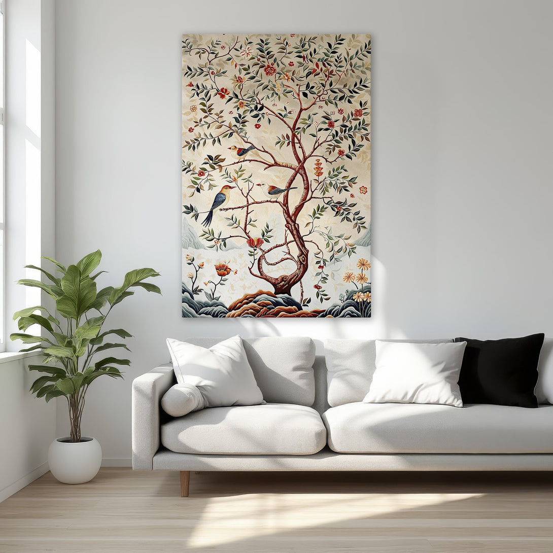 Framed Wall Art: Elegant tree and bird canvas print in neutral tones. Perfect for adding a touch of nature and sophistication to your bedroom decor.
