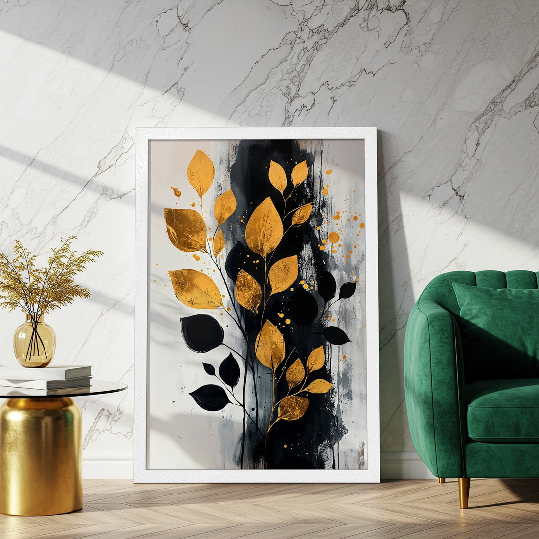 Framed Poster featuring gold leaf art on a black and white abstract background. Modern wall art decor for any space.