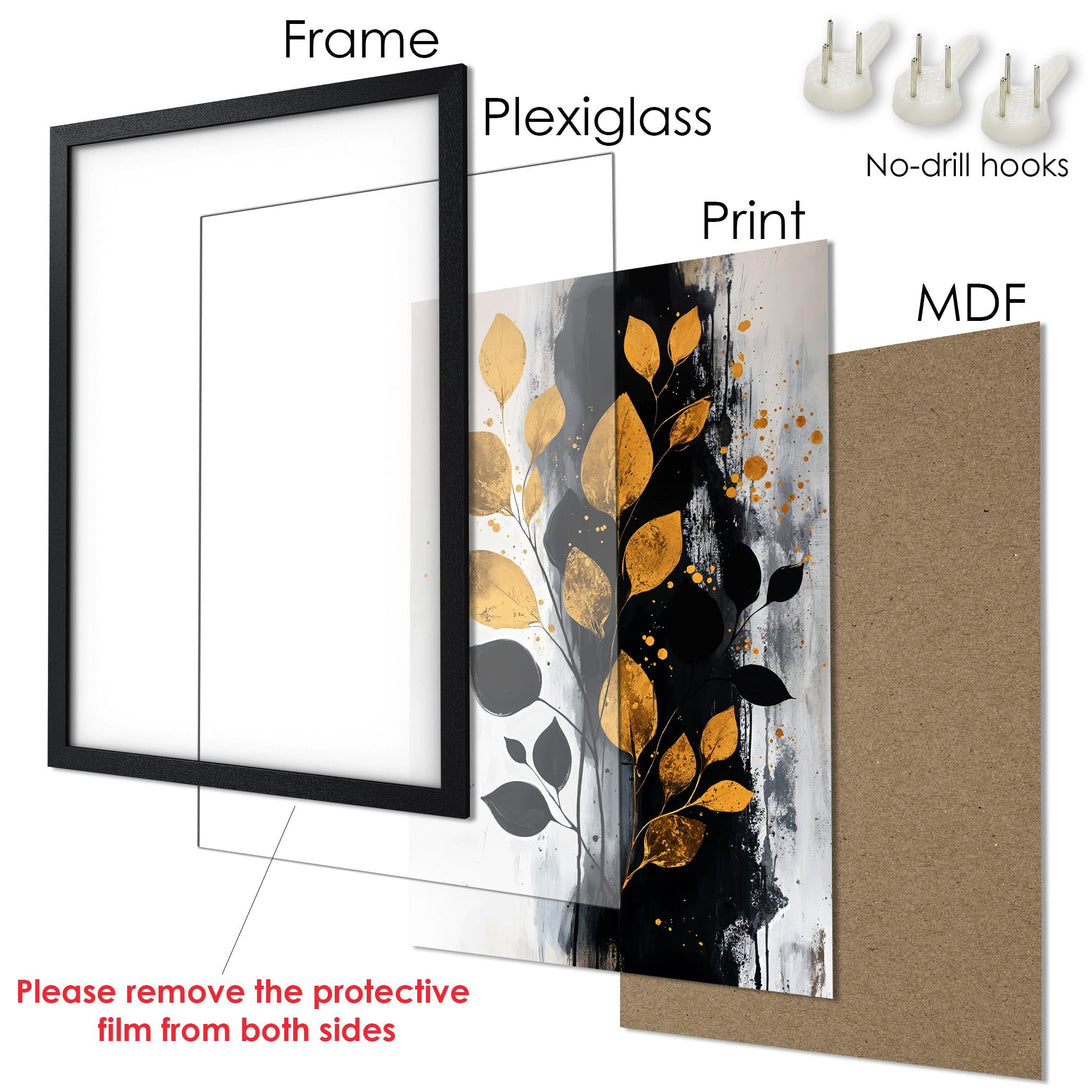 Framed Poster: Abstract botanical art in black, gold, and white. Modern wall decor for your home. Ready to hang!