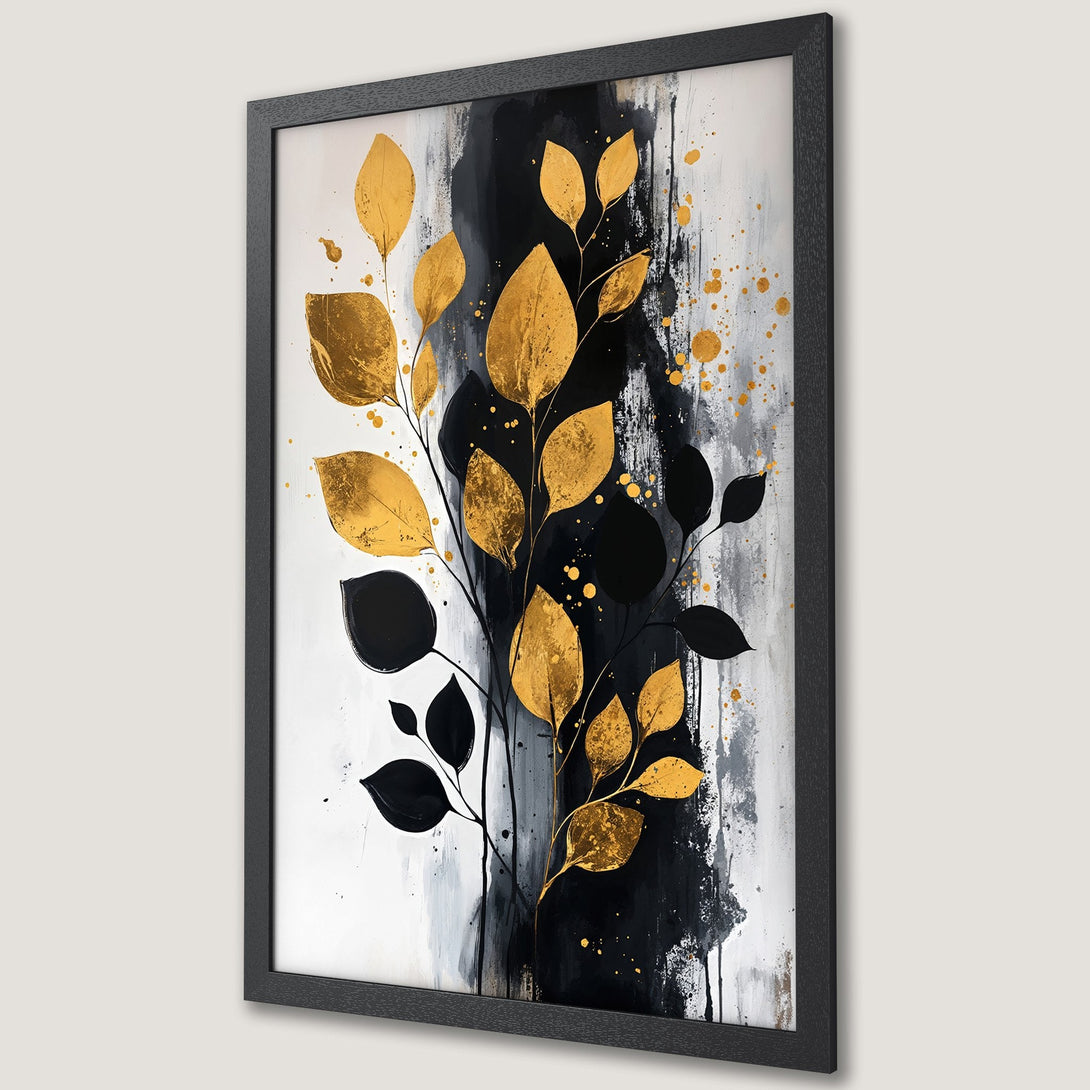 Framed Poster featuring abstract gold leaf design in black, white, and gold color palette. Modern art print for home decor.