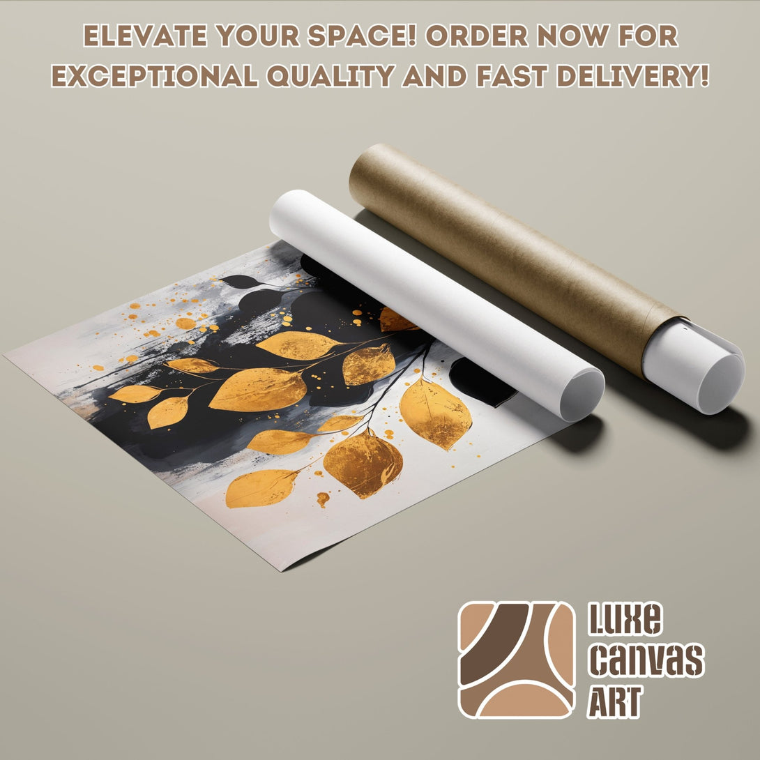 Abstract art Poster Roll with gold leaves, black and white palette. Elevate your space with this unique art piece!