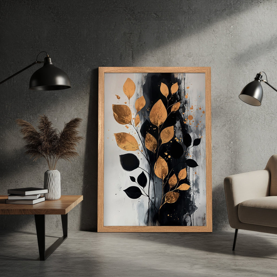 Framed Poster featuring abstract gold and black leaves art. Modern style, neutral color palette perfect for home decor.