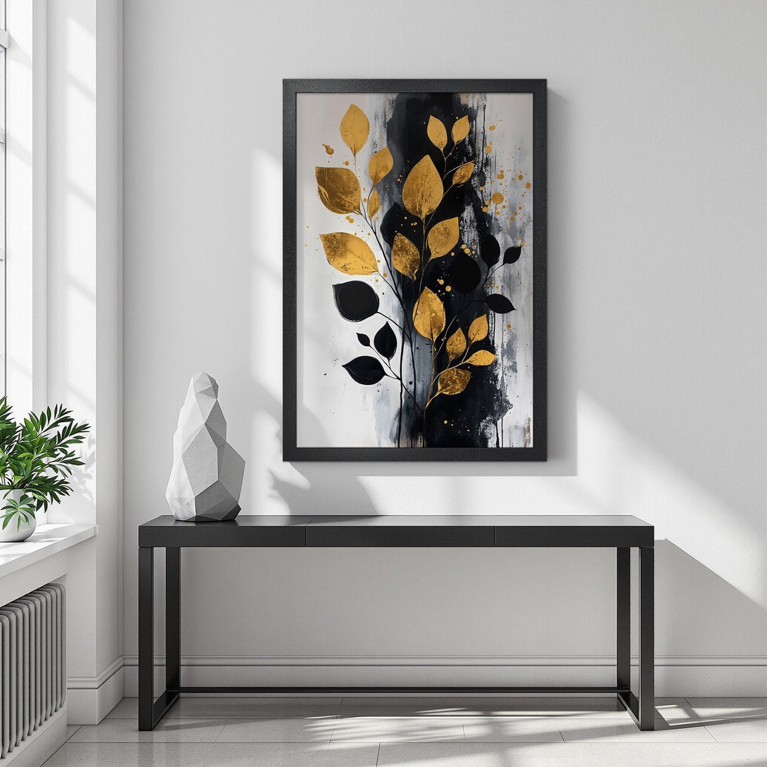 Framed Poster featuring abstract gold and black leaves on a white and grey background. Modern art style, perfect for home decor.