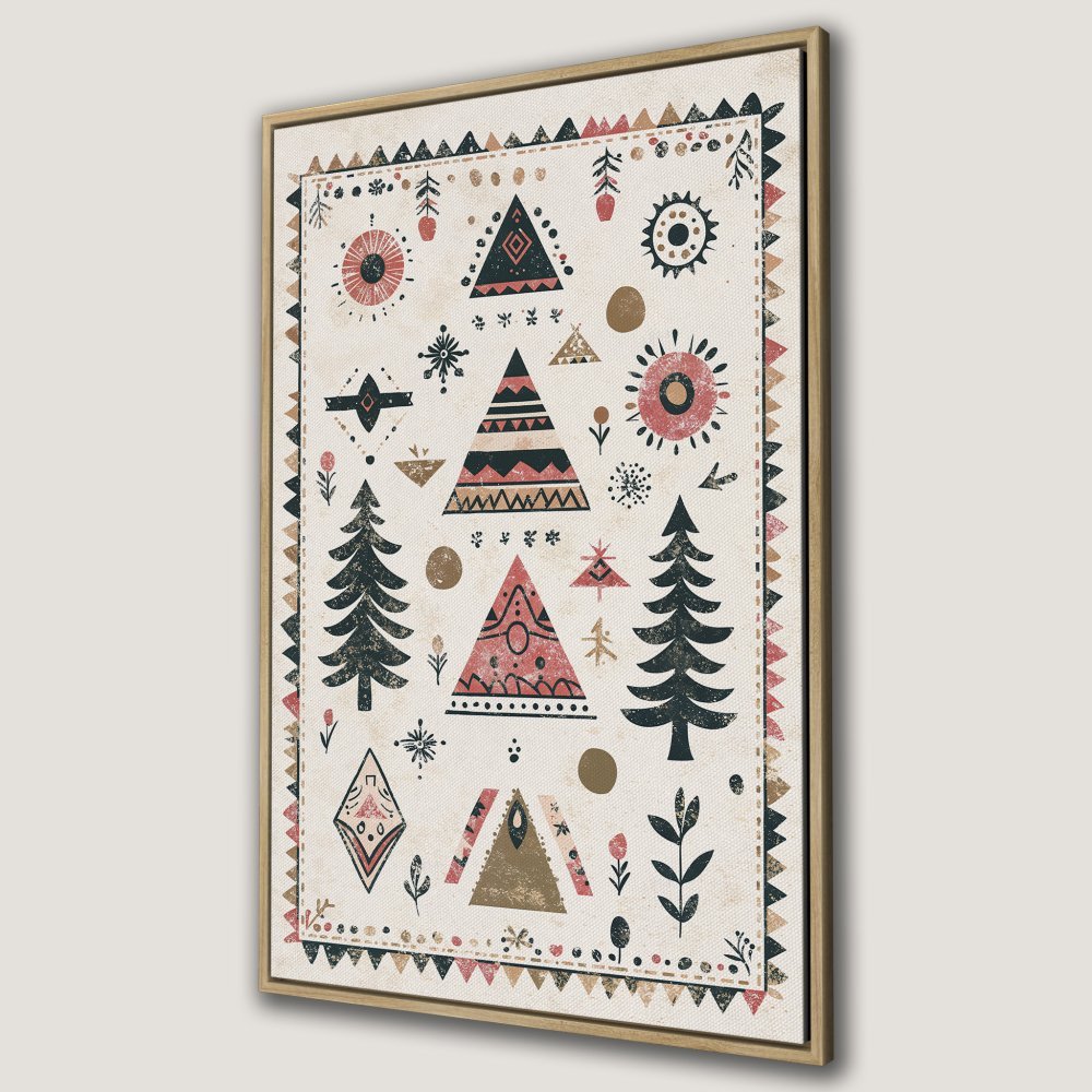 Framed Wall Art: Bohemian-style Canvas Print with geometric trees and suns in a warm, earthy color palette. Perfect for adding a touch of nature!
