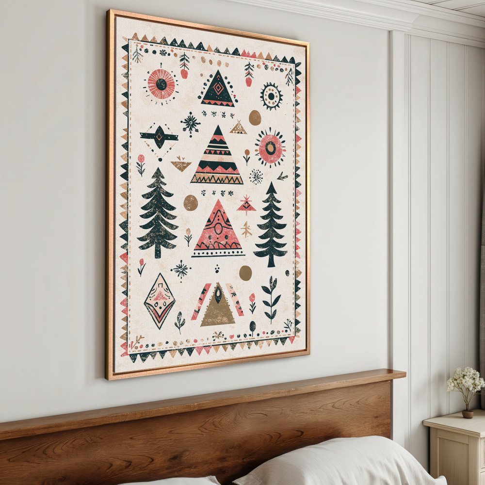 Framed Wall Art: Bohemian-style Canvas Print with geometric patterns, featuring trees, triangles, and suns in a warm, earthy color palette.