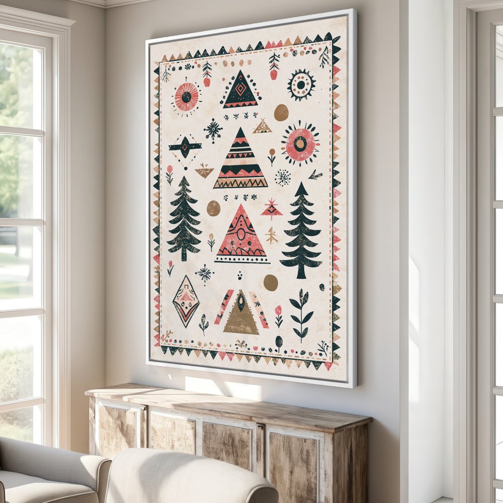 Framed Wall Art featuring a bohemian geometric design in earthy tones. Perfect for adding a touch of rustic charm to your home decor.