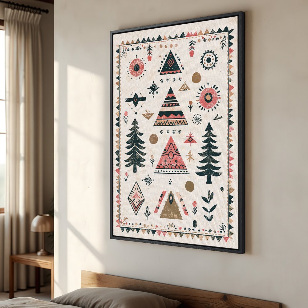 Framed Wall Art featuring a bohemian-style geometric design in a soft pink, green, and beige color palette, perfect for adding warmth to your home.