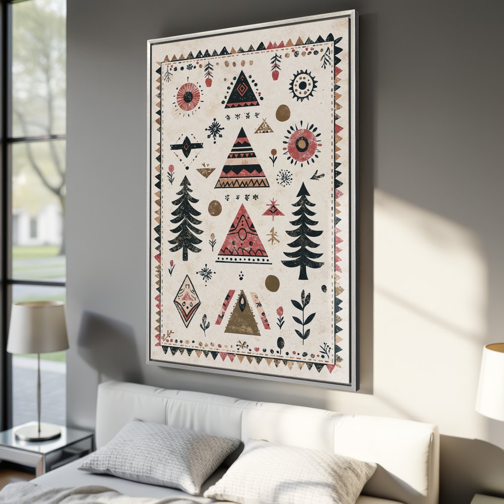Framed Wall Art: Bohemian-style Canvas Print with geometric patterns in earthy red, black, and gold tones. Perfect for bedroom decor!