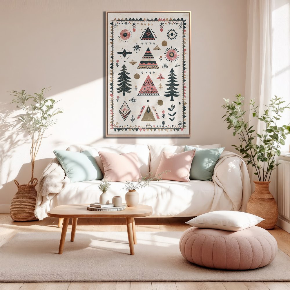 Framed Wall Art: Boho-style print with geometric patterns in pink, green, and gold. Perfect for adding a touch of elegance to your living room.