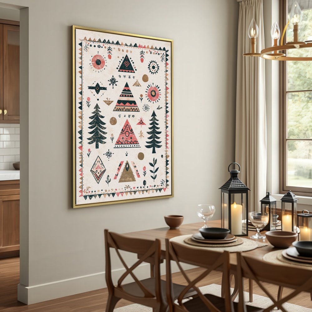 Boho Canvas Print with geometric design in muted pinks, greens, and browns. Perfect wall art for any room!