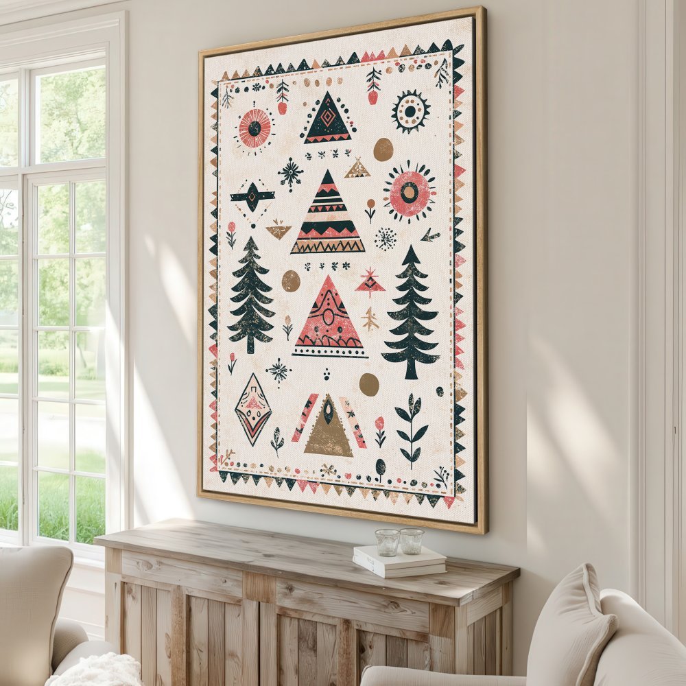 Boho Canvas Print featuring geometric trees and suns in a warm, earthy color palette. Perfect for adding a touch of nature to your home!