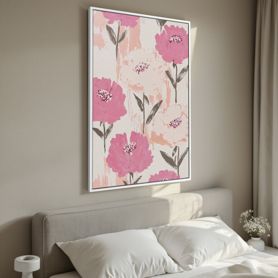 Framed Wall Art featuring a floral abstract design with pink and neutral tones. Perfect for adding a touch of elegance to any bedroom or living space.