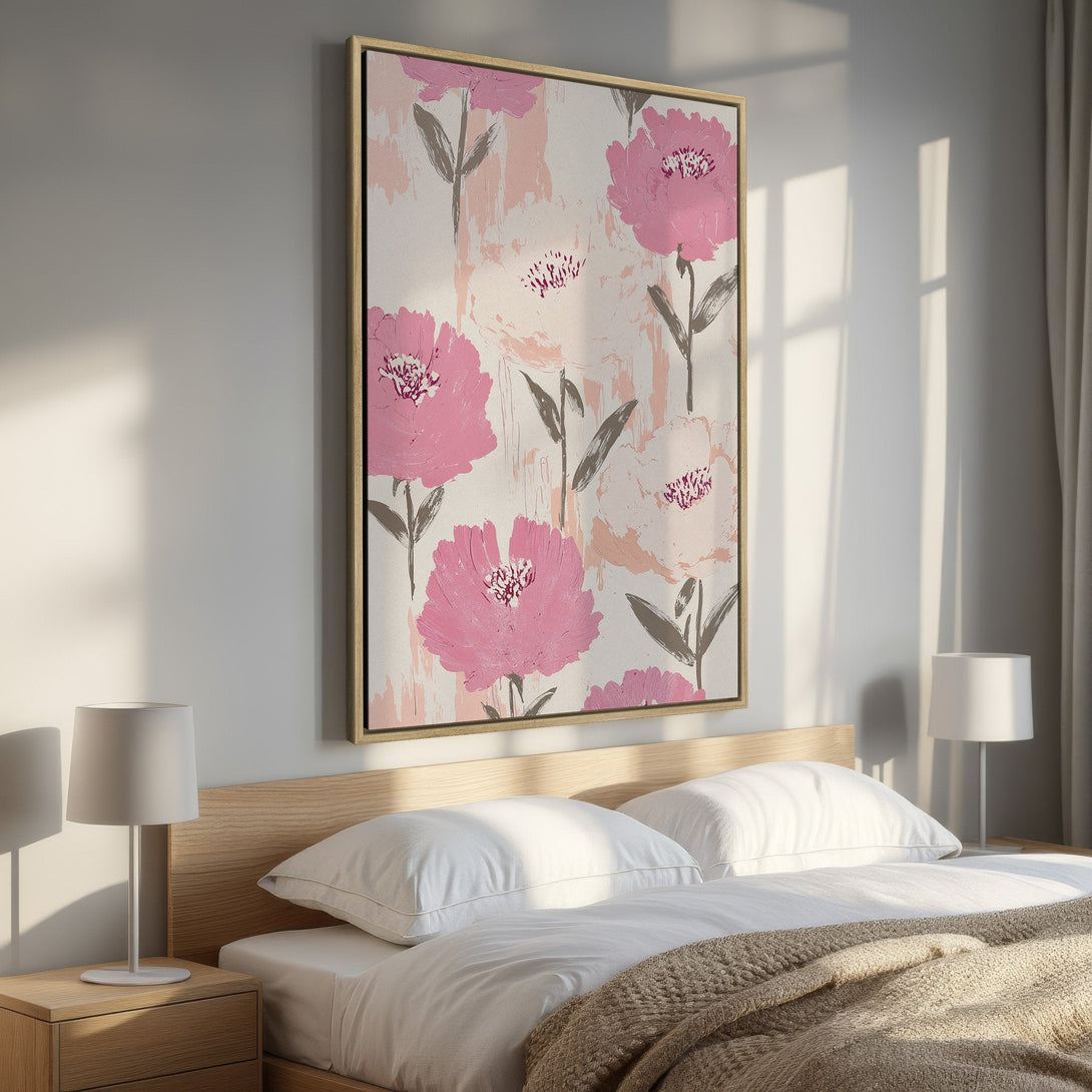Framed Wall Art featuring abstract pink floral art. Modern bedroom decor with a soft pink and neutral color palette. Add a touch of elegance to your space!