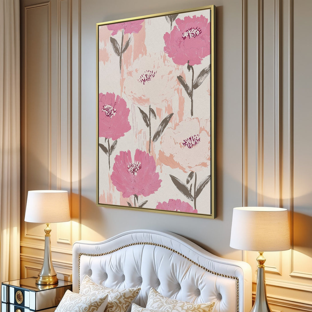 Canvas Print featuring a floral design in pink and neutral tones. Modern art style, perfect for adding a touch of elegance to any room.