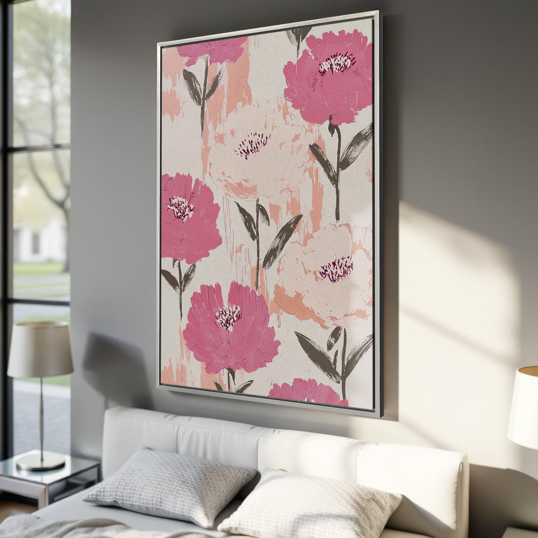Framed Wall Art featuring a floral design in pink and white hues. Modern abstract style Canvas Print adds a touch of elegance to any interior space.