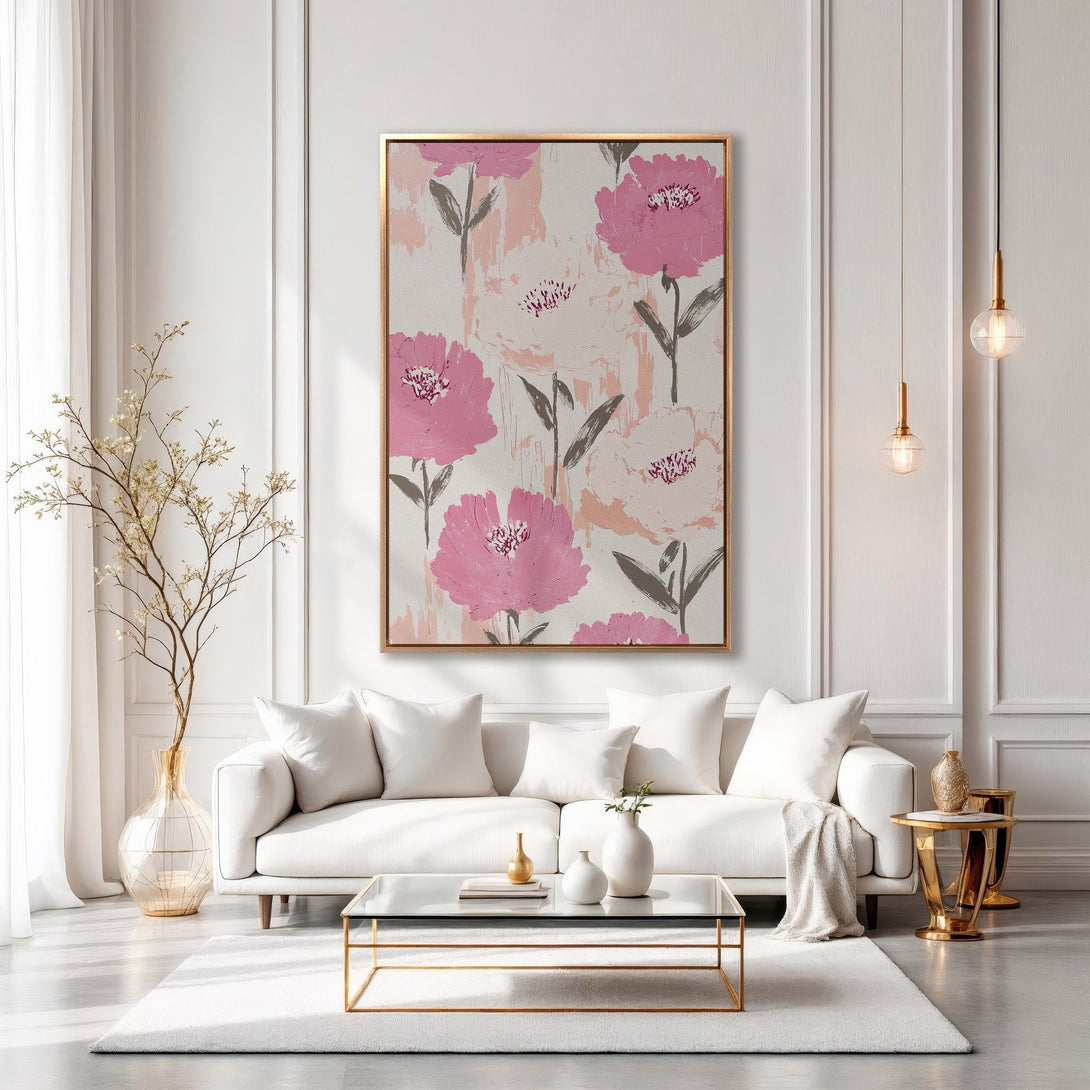 Framed Wall Art: Pink floral abstract Canvas Print in a modern living room. Features pinks, whites, and gold accents for a stylish, elegant decor.