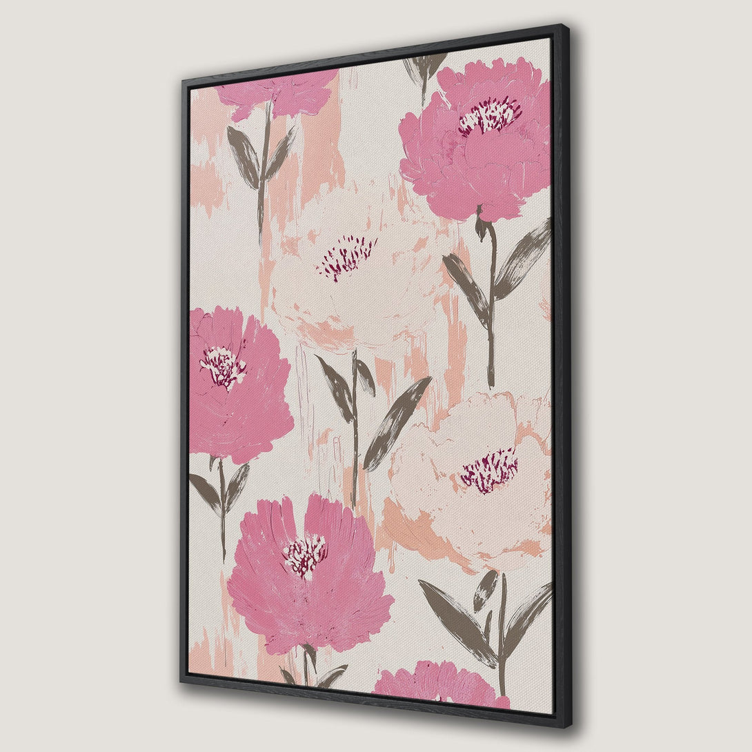 Framed Wall Art featuring pink floral abstract art on canvas. Modern, stylish decor in a soft pink and neutral color palette. Perfect for any room!
