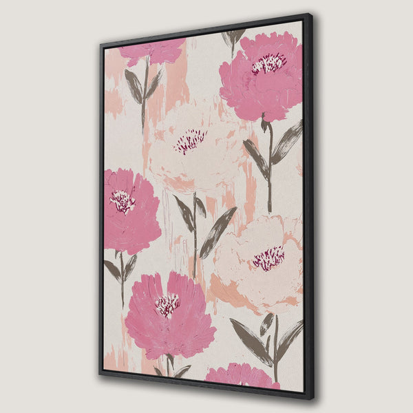 Framed Wall Art featuring pink floral abstract art on canvas. Modern, stylish decor in a soft pink and neutral color palette. Perfect for any room!