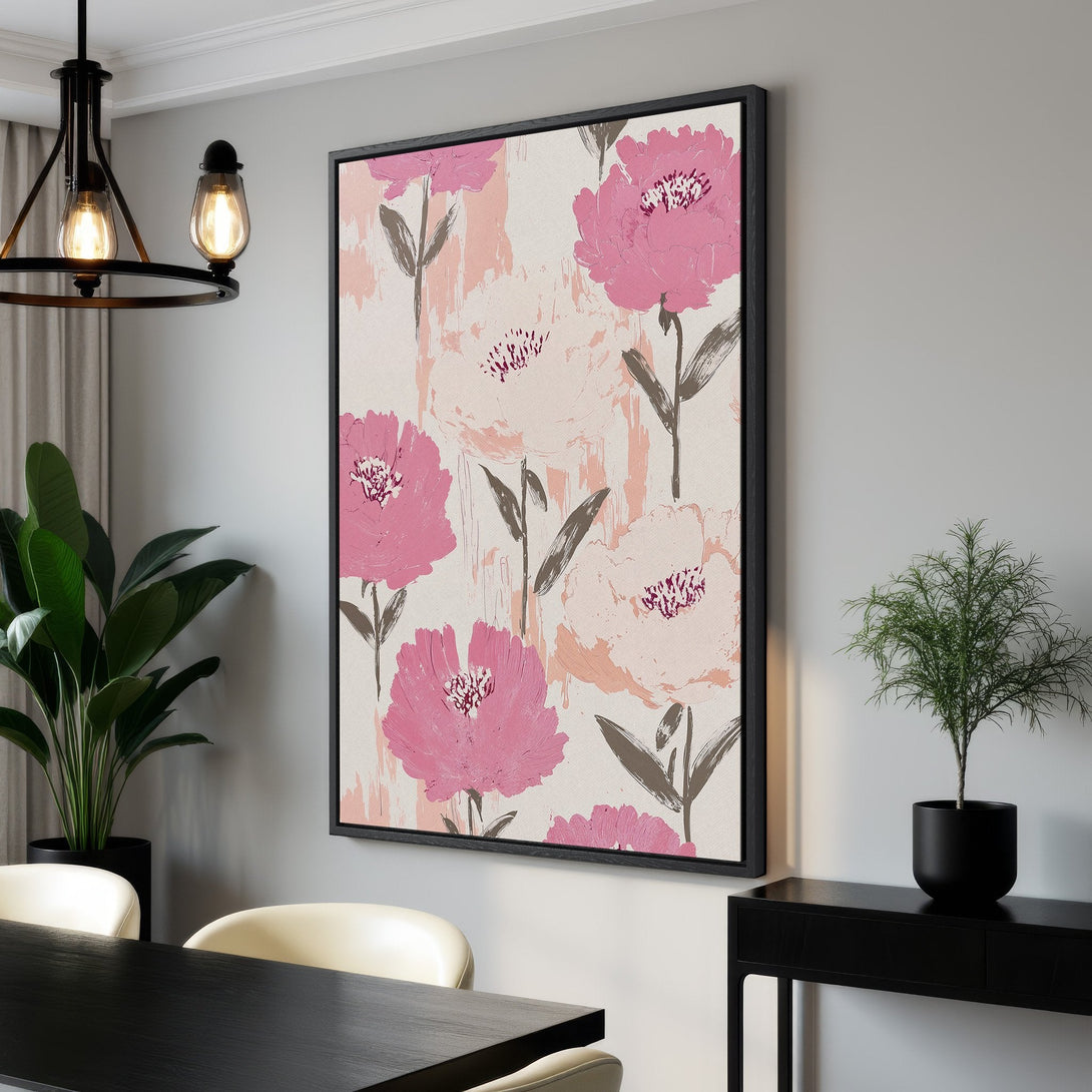 Framed Wall Art featuring abstract floral design in pink and neutral tones. Modern canvas print perfect for adding a pop of color to any room.