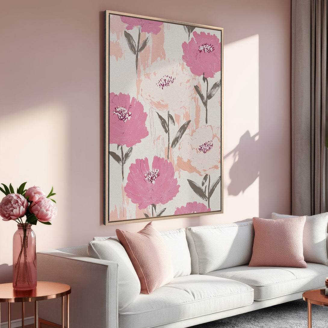 Framed Wall Art featuring a modern floral design in pink and blush tones. Perfect for adding a touch of elegance to any living space.