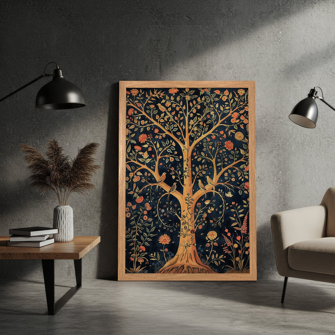 Framed Poster featuring a tree of life illustration in a vintage style with a dark blue and orange color palette, perfect wall art.