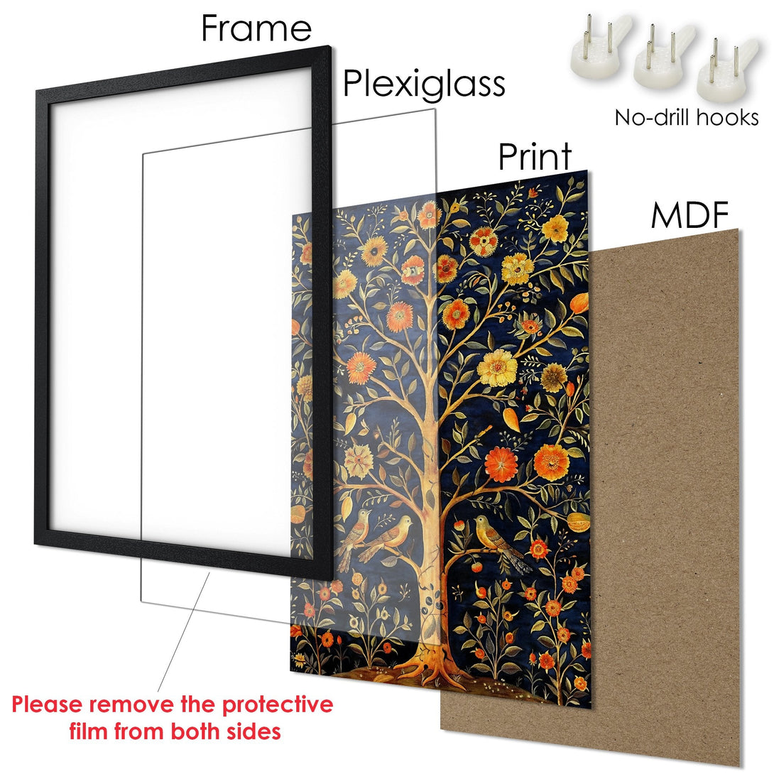 Framed Poster featuring a floral tree design. Vintage style with a dark blue & orange color palette. Perfect wall art for your home.