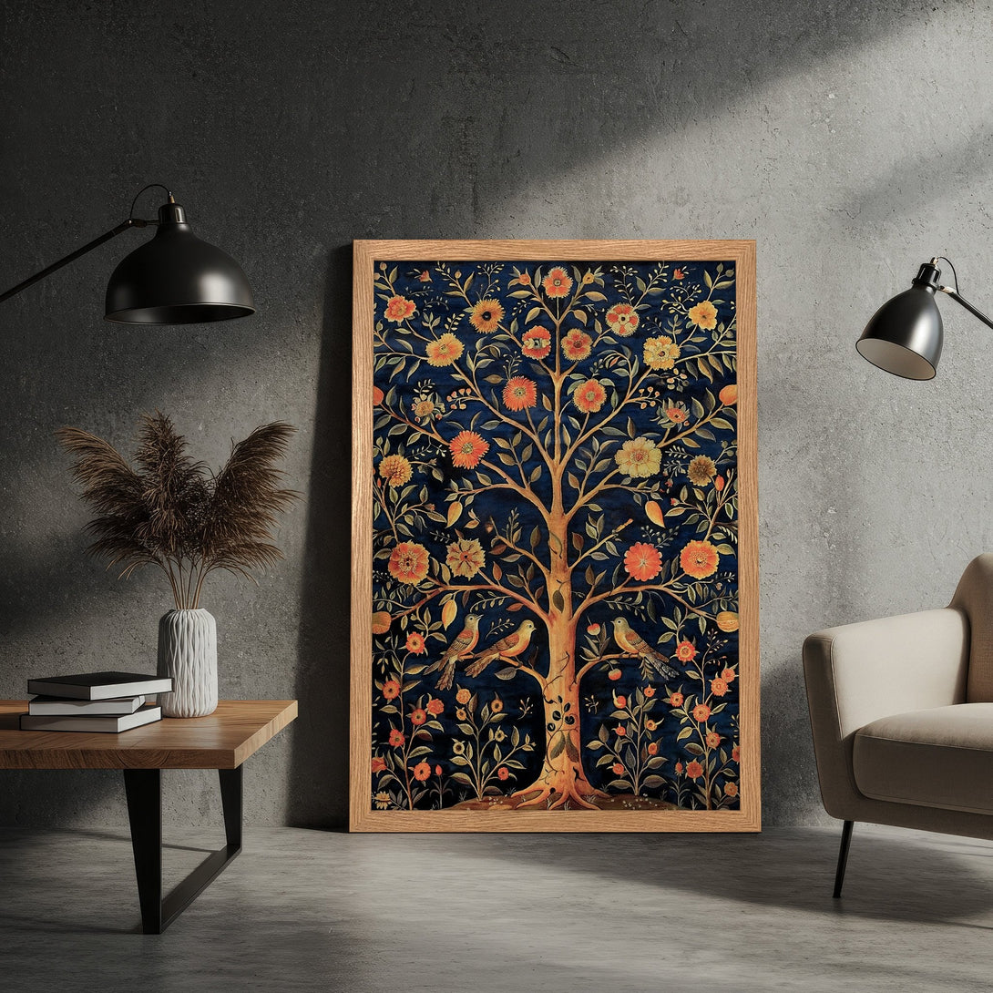 Framed Poster featuring a floral tree design in a vintage style with a navy, orange, and gold color palette. Perfect wall art!