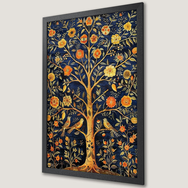 Framed Poster featuring a vibrant floral tree with birds, in a vintage style. Rich blue, gold, and orange color palette.