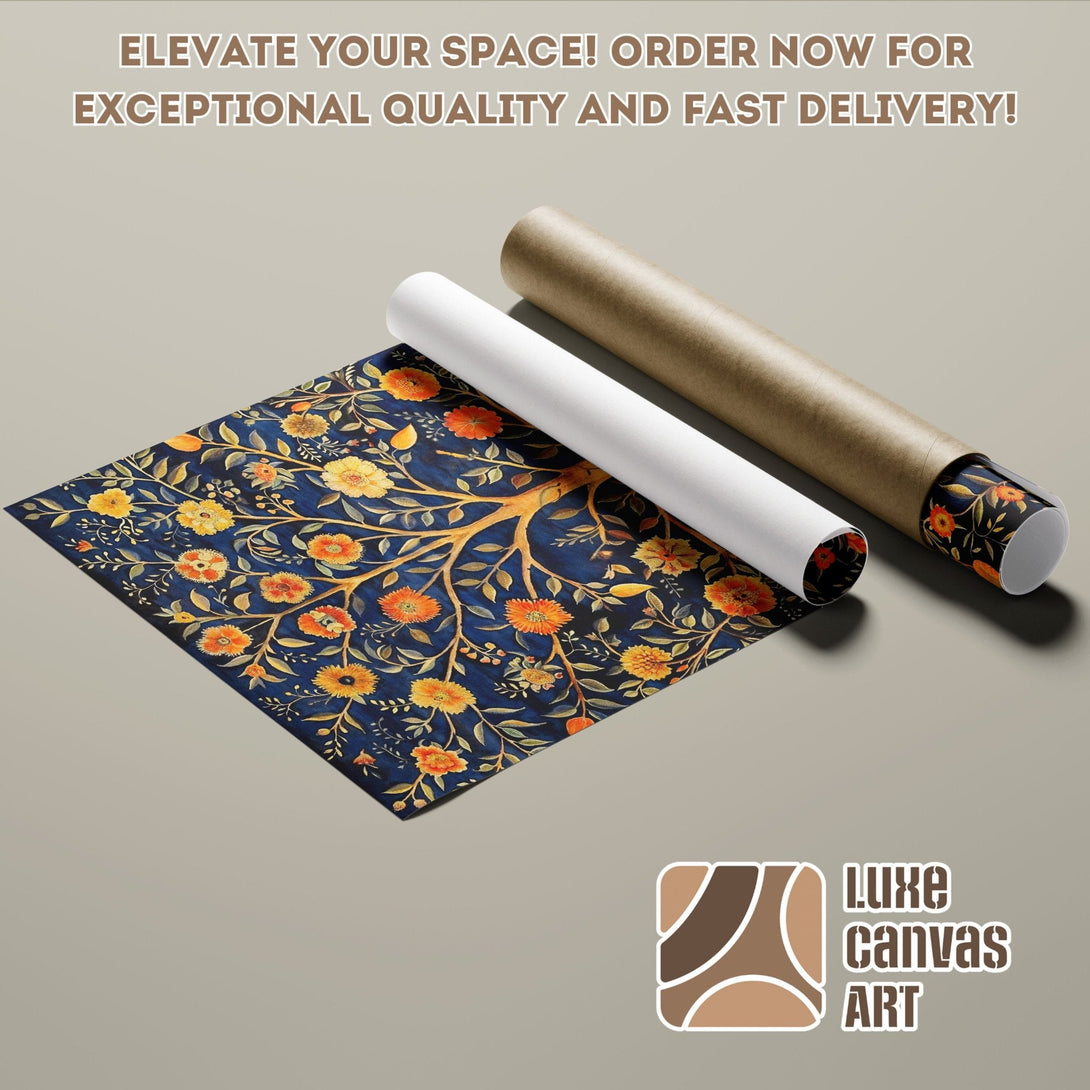 Poster Roll featuring a floral design in blue, orange, and yellow. Elevate your space with this beautiful art!