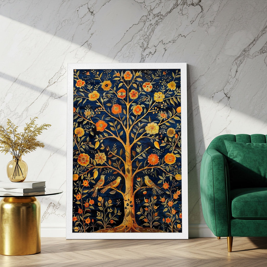 Framed Poster featuring a tree with birds, in a vintage style with a blue, orange, and gold color palette. Perfect wall art!