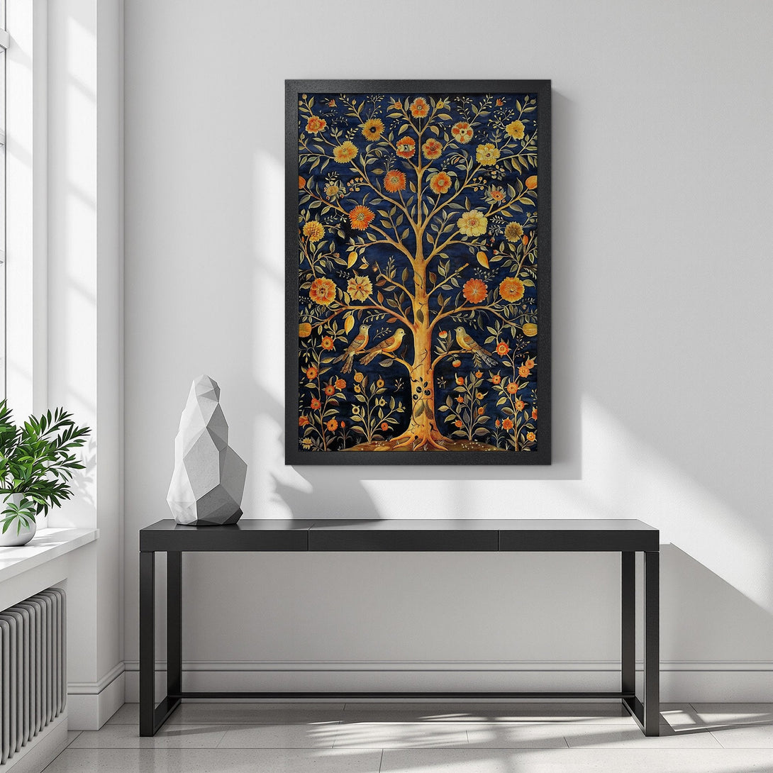 Framed Poster featuring a tree with flowers and birds, in a vintage style with a blue and orange color palette, perfect for home decor.