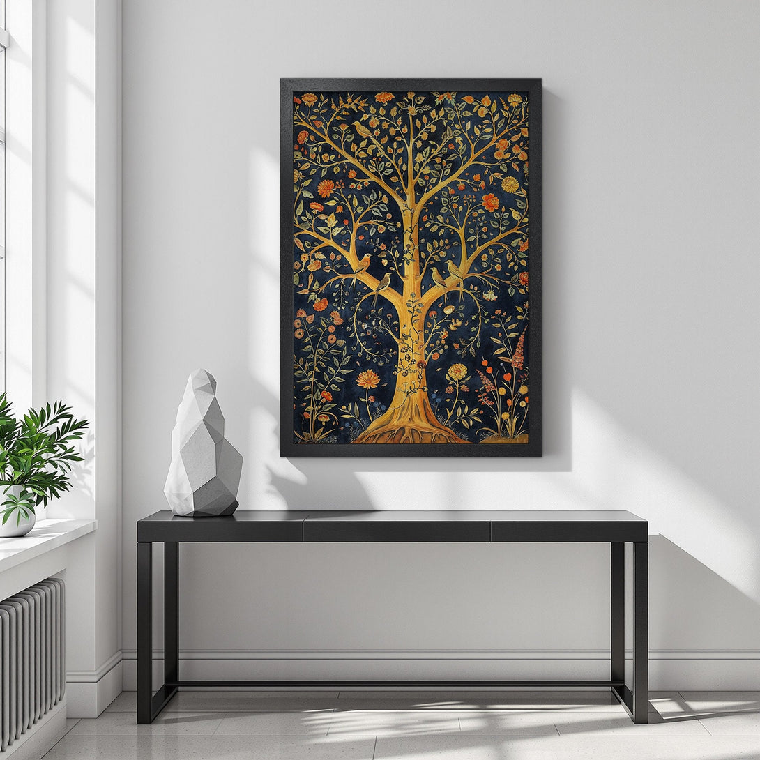 Framed Poster featuring a golden tree design with birds and flowers, set against a dark blue background. Warm orange and yellow color palette.