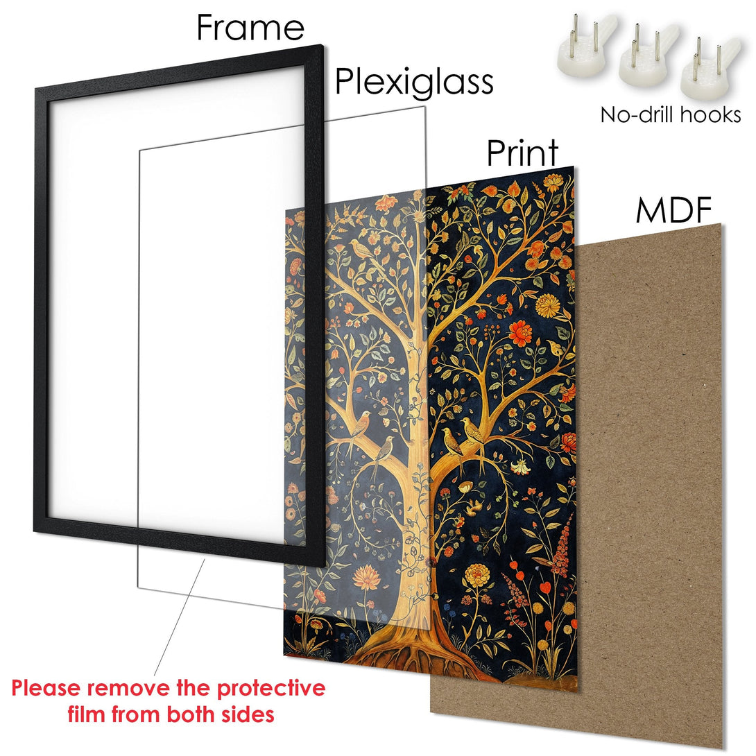 Framed Poster featuring a tree design in a vintage style with a dark blue and gold color palette. Perfect wall art!