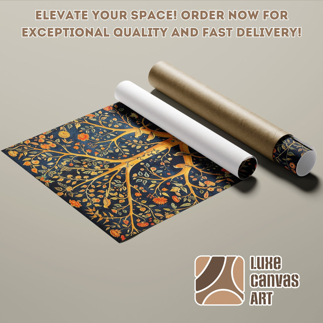 Poster Roll featuring a floral design in deep blue, gold, and orange. Elevate your space!