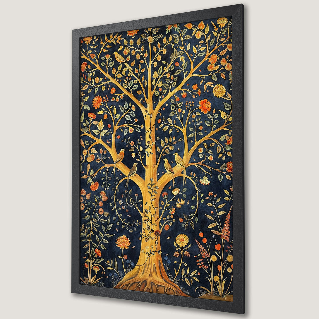 Framed Poster featuring a golden tree with birds and flowers, in a rich blue and orange color palette. Perfect wall art!