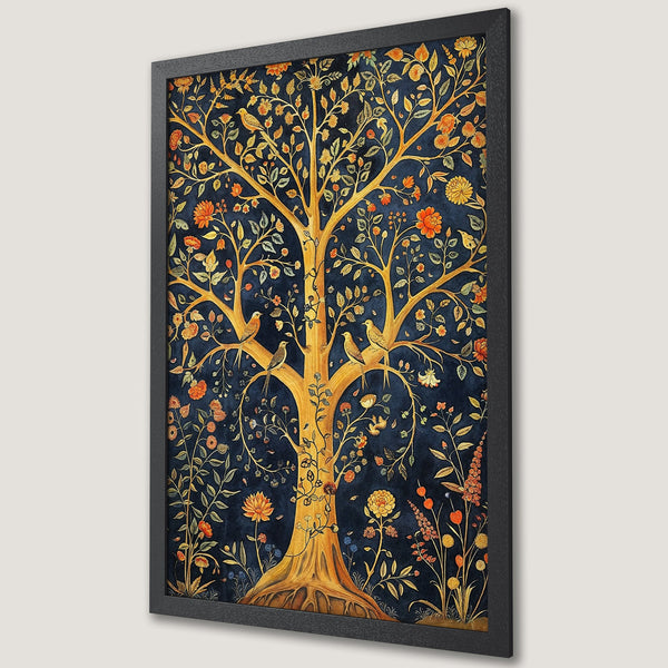 Framed Poster featuring a golden tree with birds and flowers, in a rich blue and orange color palette. Perfect wall art!