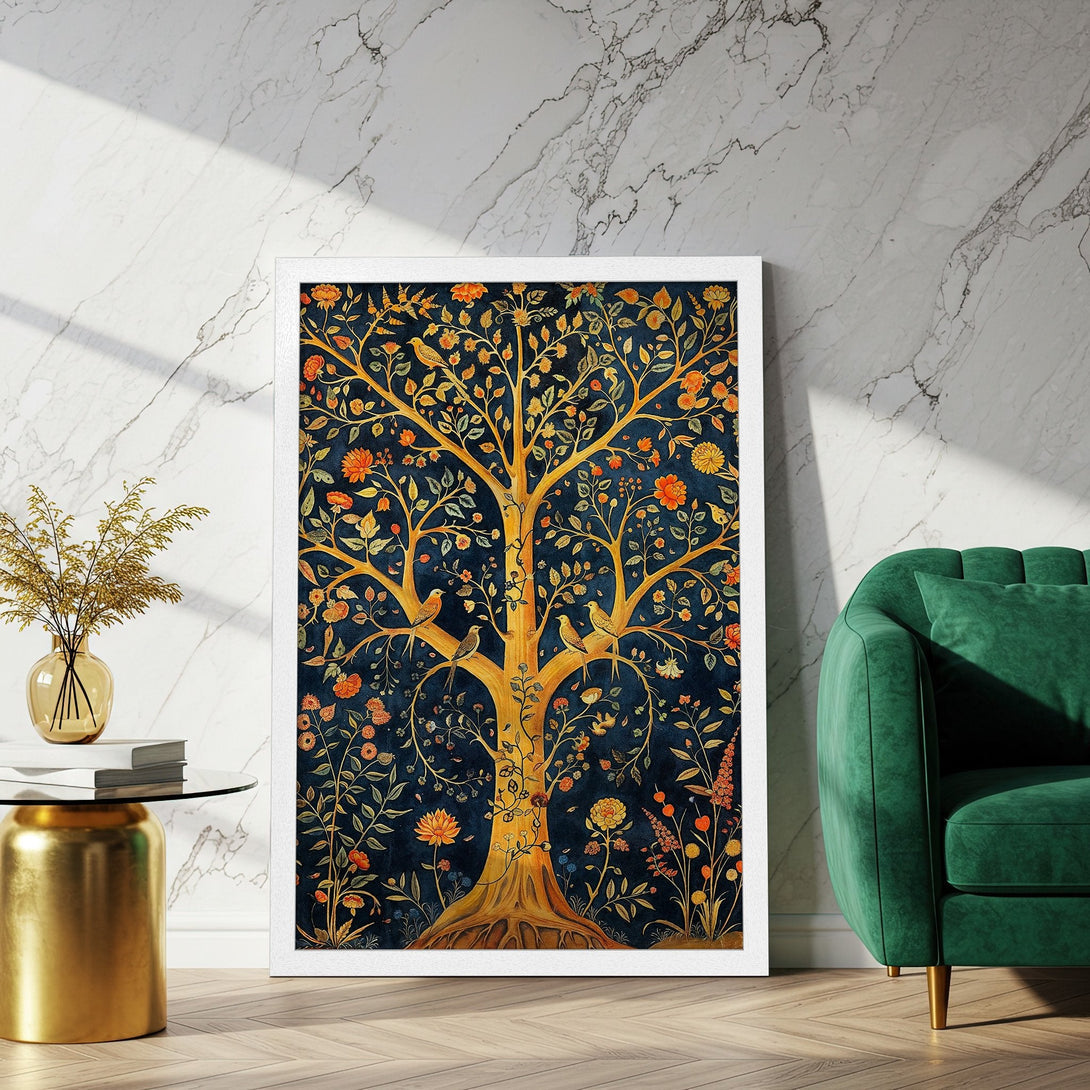 Framed Poster featuring a golden tree with birds, floral details, and a deep blue background. A stunning art print for your home!
