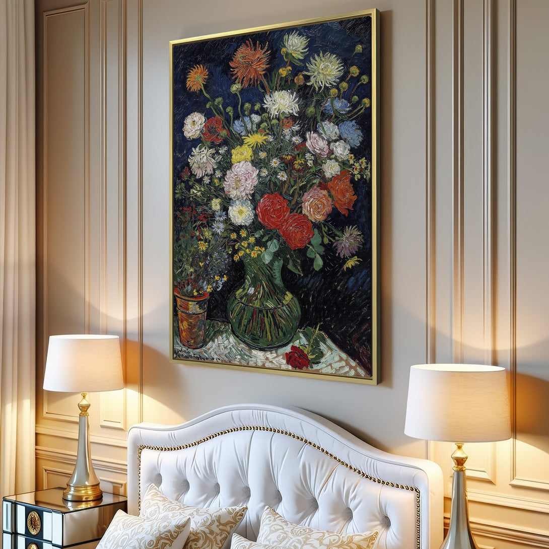 Canvas Print of a vibrant floral still life in the style of Van Gogh. Features a colorful palette of reds, yellows, and blues, displayed in a modern interior.
