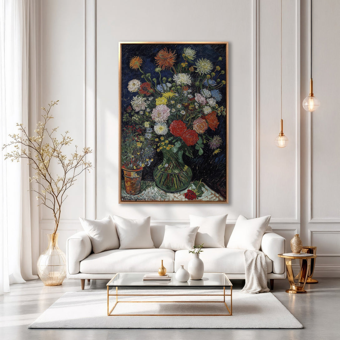 Framed Wall Art: Van Gogh-style floral painting in a modern living room. Features vibrant colors against a dark background, adding elegance to any space.
