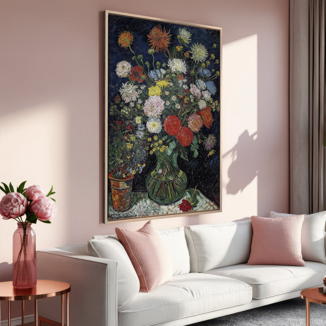 Framed Wall Art of a vibrant floral still life in a warm, impressionistic style. Features a rich color palette of blues, reds, and yellows. Perfect for adding art to your home.