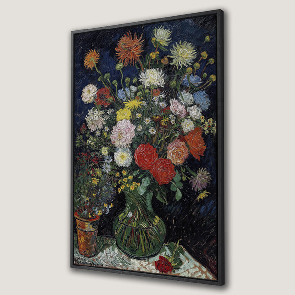 Framed Wall Art of a vibrant floral still life in a post-impressionist style. Features a rich, dark color palette with pops of red, orange, and white.